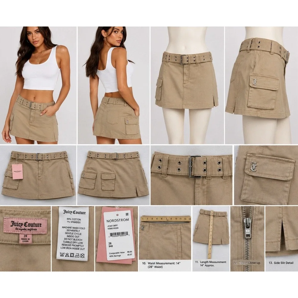 Juicy Couture Cargo Mini Skirt Belted Nomad Brown Khaki NWT Women's 28